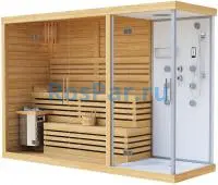 Трехместная финская сауна «PREMIUM» с душевой кабиной с электрической печью Harvia