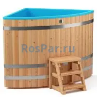 Угловая купель «COMFORT» из лиственницы с пластиковой вставкой длина 1300 мм ширина 1300 мм высота 1150 мм