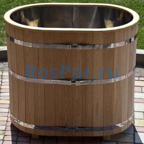 Овальная купель «PREMIUM» из лиственницы с вставкой из нержавеющей стали длина 1400 мм