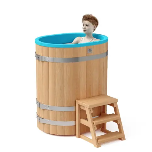 Овальная купель «COMFORT» из лиственницы с пластиковой вставкой длина 1000 мм ширина 780 мм высота 1150 мм