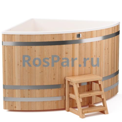 Угловая купель «COMFORT» из лиственницы с пластиковой вставкой длина 1500 мм ширина 1500 мм высота 1150 мм