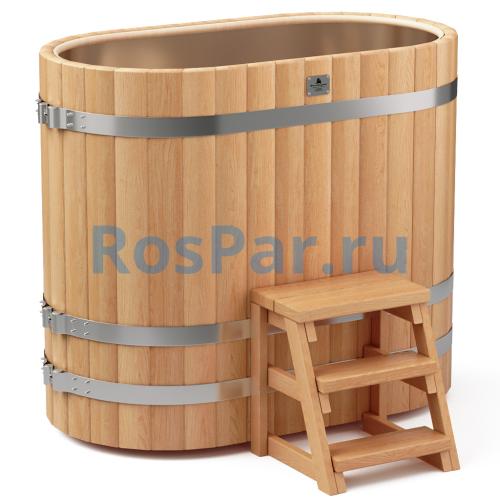 Овальная купель «PREMIUM» из лиственницы с вставкой из нержавеющей стали длина 1400 мм