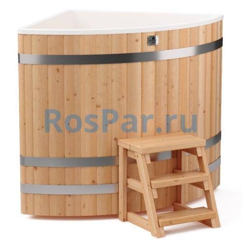 Угловая купель «COMFORT» из лиственницы с пластиковой вставкой длина 1100 мм ширина 1100 мм высота 1150 мм