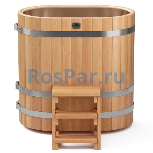 Овальная купель «PREMIUM» из лиственницы с вставкой из нержавеющей стали длина 1200 мм