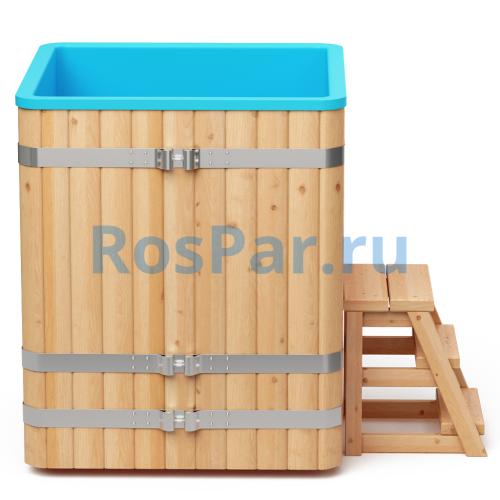 Квадратная купель «COMFORT» из лиственницы с пластиковой вставкой длина 1000 мм ширина 1000 мм высота 1150 мм