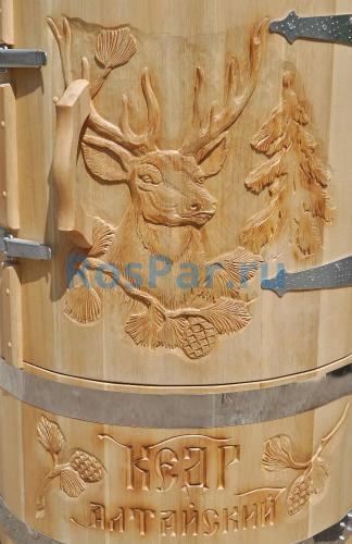 Кедровая бочка овальная «Профессиональная» со скосом с художественным оформлением «Марал с надписью»