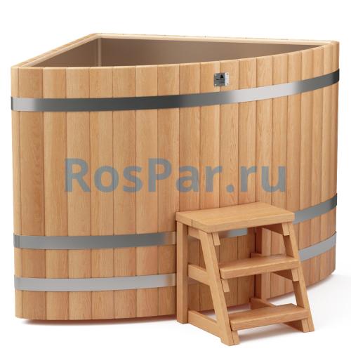 Угловая купель «PREMIUM» из лиственницы с вставкой из нержавеющей стали длина 1300 мм ширина 1300 мм высота 1150 мм