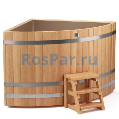 Угловая купель «PREMIUM» из лиственницы с вставкой из нержавеющей стали длина 1500 мм ширина 1500 мм высота 1150 мм