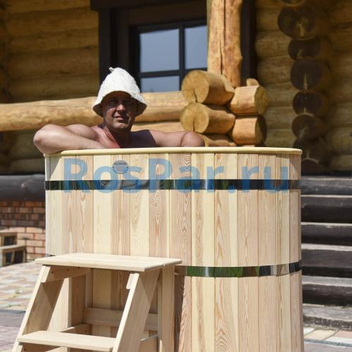 Овальная купель «PREMIUM» из лиственницы с вставкой из нержавеющей стали длина 1400 мм