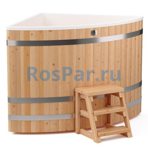 Угловая купель «COMFORT» из лиственницы с пластиковой вставкой длина 1300 мм ширина 1300 мм высота 1150 мм