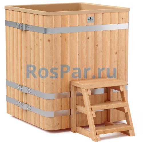 Квадратная купель «COMFORT» из лиственницы с пластиковой вставкой длина 1000 мм ширина 1000 мм высота 1150 мм