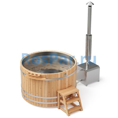Фурако круглая «PREMIUM» из лиственницы с вставкой из нержавеющей стали с внешней печью с газовой горелкой 1700 мм