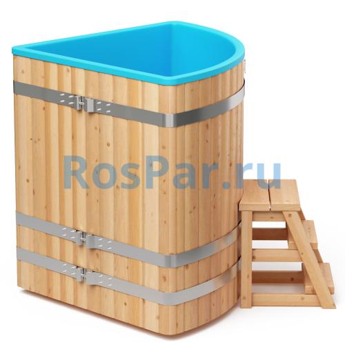 Угловая купель «COMFORT» из лиственницы с пластиковой вставкой длина 1100 мм ширина 1100 мм высота 1150 мм