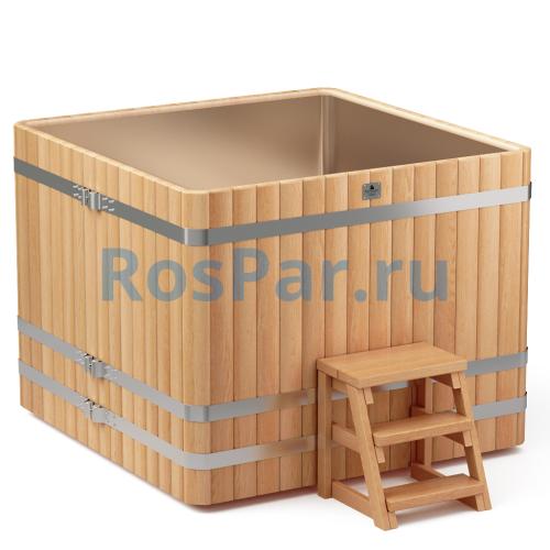 Квадратная купель «PREMIUM» из лиственницы с вставкой из нержавеющей стали длина 1500 мм ширина 1500 мм высота 1150 мм
