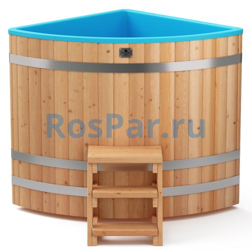 Угловая купель «COMFORT» из лиственницы с пластиковой вставкой длина 1100 мм ширина 1100 мм высота 1150 мм