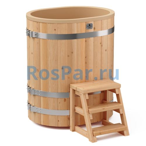 Овальная купель «COMFORT» из лиственницы с пластиковой вставкой длина 1000 мм ширина 780 мм высота 1150 мм