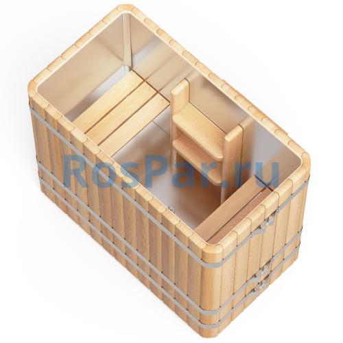 Прямоугольная купель «PREMIUM» из лиственницы с вставкой из нержавеющей стали длина 1400 мм ширина 780 мм высота 1150 мм