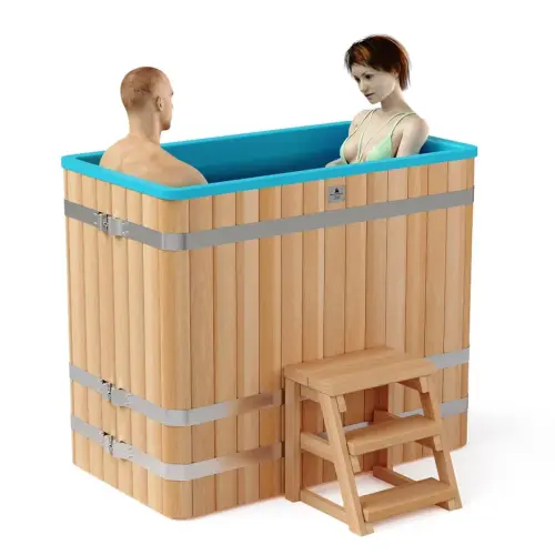 Прямоугольная купель «COMFORT» из лиственницы с пластиковой вставкой длина 1400 мм ширина 780 мм высота 1150 мм