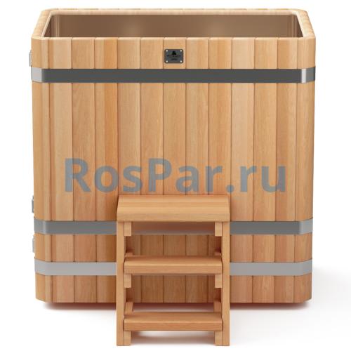 Прямоугольная купель «PREMIUM» из лиственницы с вставкой из нержавеющей стали длина 1200 мм ширина 780 мм высота 1150 мм