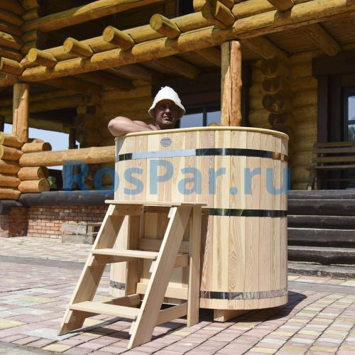 Овальная купель «PREMIUM» из лиственницы с вставкой из нержавеющей стали длина 1200 мм