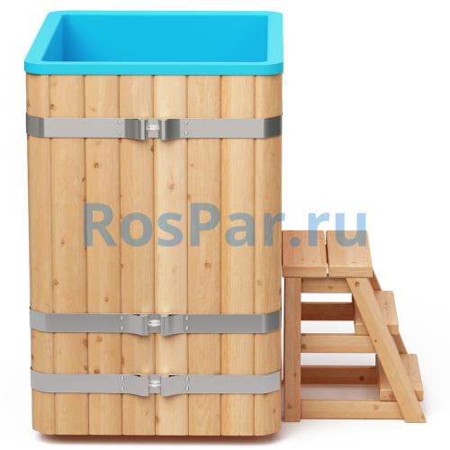 Квадратная купель «COMFORT» из лиственницы с пластиковой вставкой длина 1300 мм ширина 1300 мм высота 1150 мм