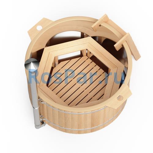 Фурако круглая «COMFORT Сэнто» из лиственницы с вставкой из нержавеющей стали с интегрированной печью 1700 мм