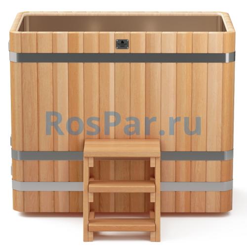 Прямоугольная купель «PREMIUM» из лиственницы с вставкой из нержавеющей стали длина 1400 мм ширина 780 мм высота 1150 мм