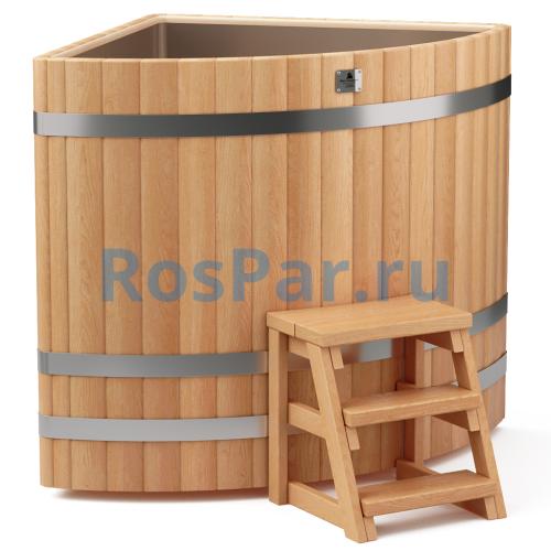Угловая купель «PREMIUM» из лиственницы с вставкой из нержавеющей стали длина 1100 мм ширина 1100 мм высота 1150 мм