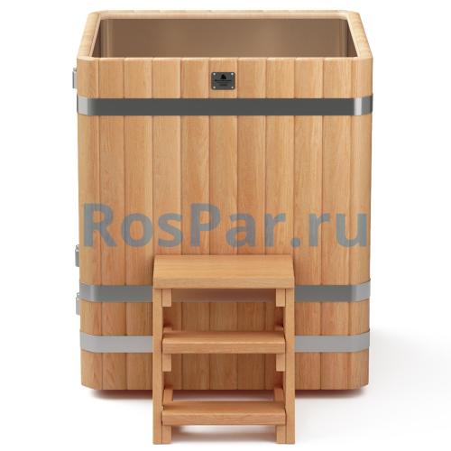 Квадратная купель «PREMIUM» из лиственницы с вставкой из нержавеющей стали длина 1000 мм ширина 1000 мм высота 1150 мм
