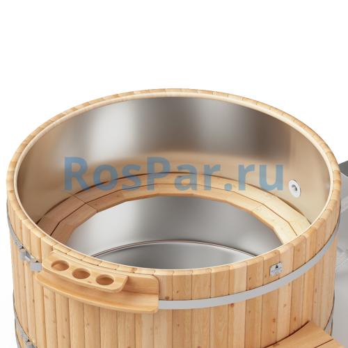 Фурако круглая «PREMIUM» из лиственницы с вставкой из нержавеющей стали с внешней печью 1700 мм