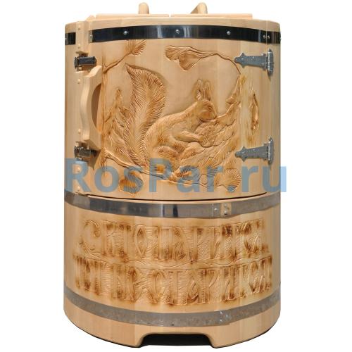 Кедровая бочка овальная «Профессиональная» со скосом с художественным оформлением «Белочка с надписью»