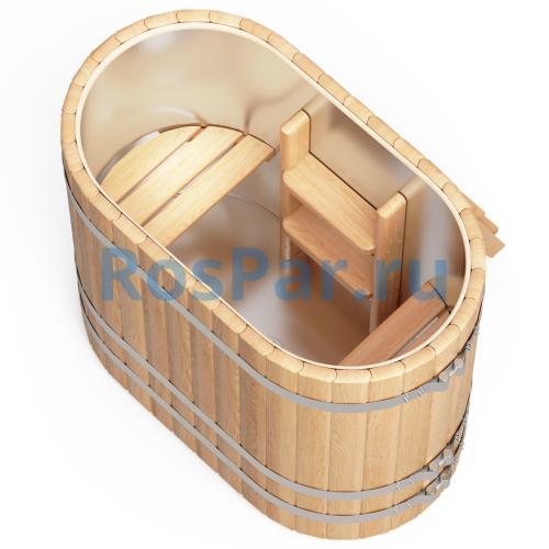 Овальная купель «PREMIUM» из лиственницы с вставкой из нержавеющей стали длина 1400 мм