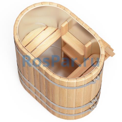 Овальная купель «PREMIUM» из лиственницы с вставкой из нержавеющей стали длина 1200 мм