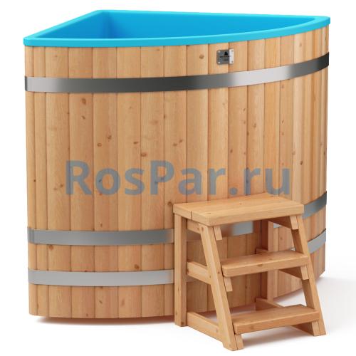 Угловая купель «COMFORT» из лиственницы с пластиковой вставкой длина 1100 мм ширина 1100 мм высота 1150 мм