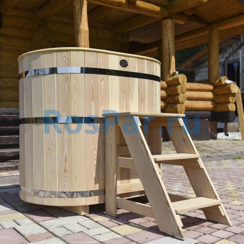 Овальная купель «PREMIUM» из лиственницы с вставкой из нержавеющей стали длина 1400 мм