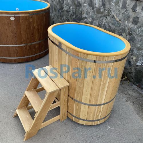 Овальная купель «COMFORT» из лиственницы с пластиковой вставкой длина 1200 мм ширина 780 мм высота 1150 мм