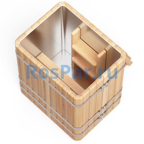 Прямоугольная купель «PREMIUM» из лиственницы с вставкой из нержавеющей стали длина 1000 мм ширина 780 мм высота 1150 мм