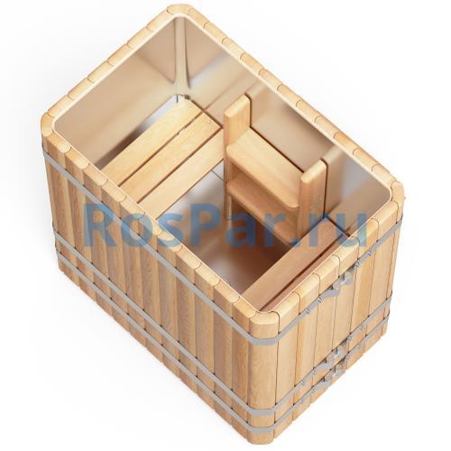 Прямоугольная купель «PREMIUM» из лиственницы с вставкой из нержавеющей стали длина 1200 мм ширина 780 мм высота 1150 мм