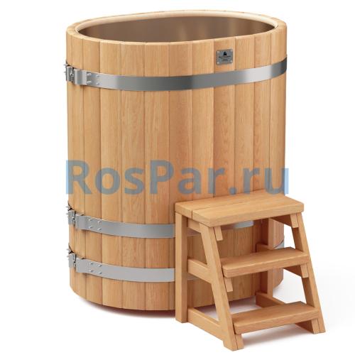 Овальная купель «PREMIUM» из лиственницы с вставкой из нержавеющей стали длина 1000 мм