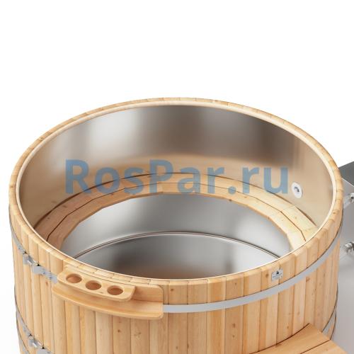 Фурако круглая «PREMIUM» из лиственницы с вставкой из нержавеющей стали с внешней печью с газовой горелкой 2000 мм