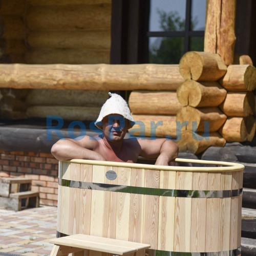 Овальная купель «PREMIUM» из лиственницы с вставкой из нержавеющей стали длина 1200 мм