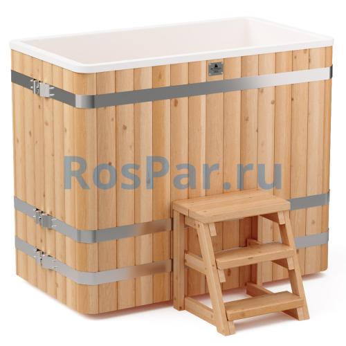 Прямоугольная купель «COMFORT» из лиственницы с пластиковой вставкой длина 1400 мм ширина 780 мм высота 1150 мм
