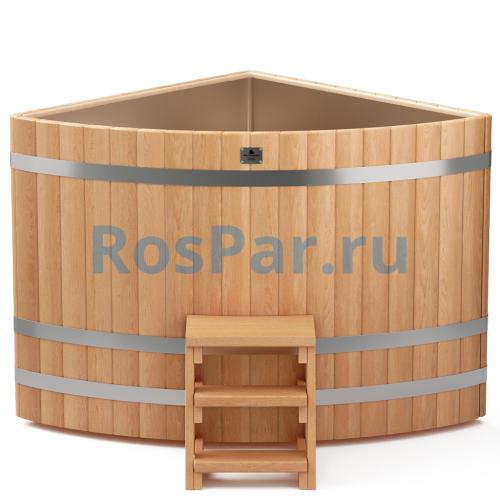 Угловая купель «PREMIUM» из лиственницы с вставкой из нержавеющей стали длина 1300 мм ширина 1300 мм высота 1150 мм