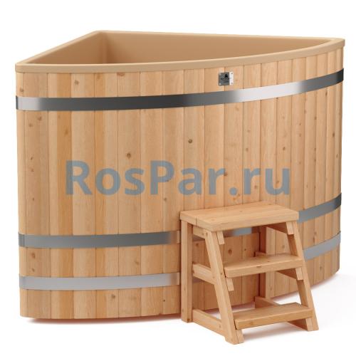 Угловая купель «COMFORT» из лиственницы с пластиковой вставкой длина 1300 мм ширина 1300 мм высота 1150 мм