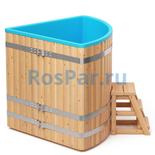 Угловая купель «COMFORT» из лиственницы с пластиковой вставкой длина 1300 мм ширина 1300 мм высота 1150 мм
