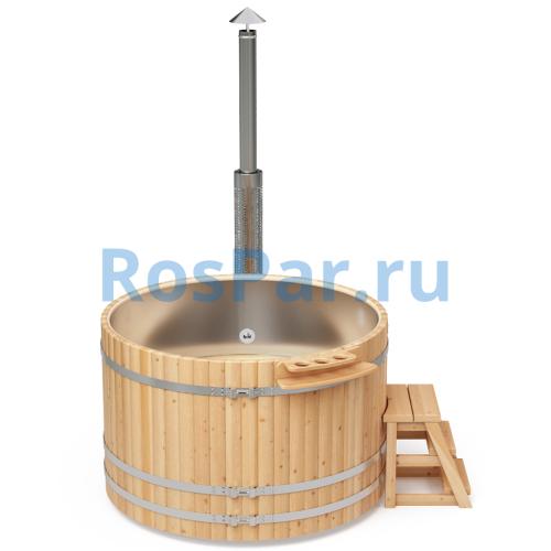 Фурако круглая «PREMIUM» из лиственницы с вставкой из нержавеющей стали с внешней печью с газовой горелкой 1700 мм