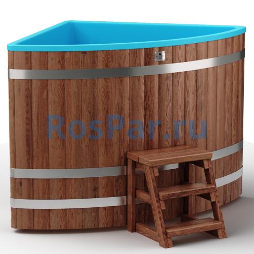 Угловая купель «COMFORT» из лиственницы с пластиковой вставкой длина 1300 мм ширина 1300 мм высота 1150 мм