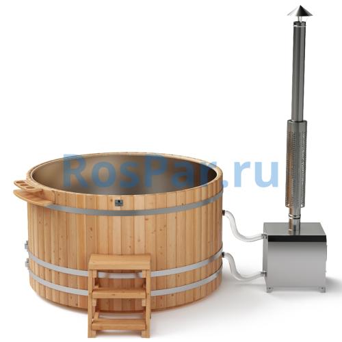 Фурако круглая «PREMIUM» из лиственницы с вставкой из нержавеющей стали с внешней печью с газовой горелкой 2000 мм