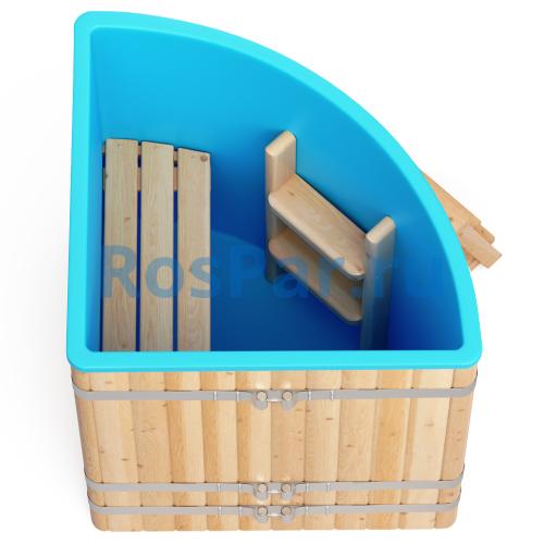 Угловая купель «COMFORT» из лиственницы с пластиковой вставкой длина 1100 мм ширина 1100 мм высота 1150 мм