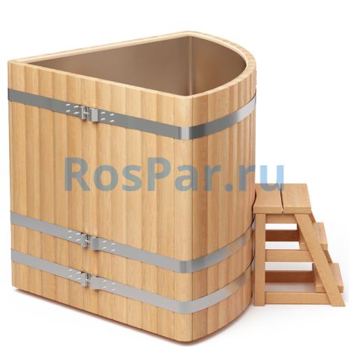 Угловая купель «PREMIUM» из лиственницы с вставкой из нержавеющей стали длина 1300 мм ширина 1300 мм высота 1150 мм